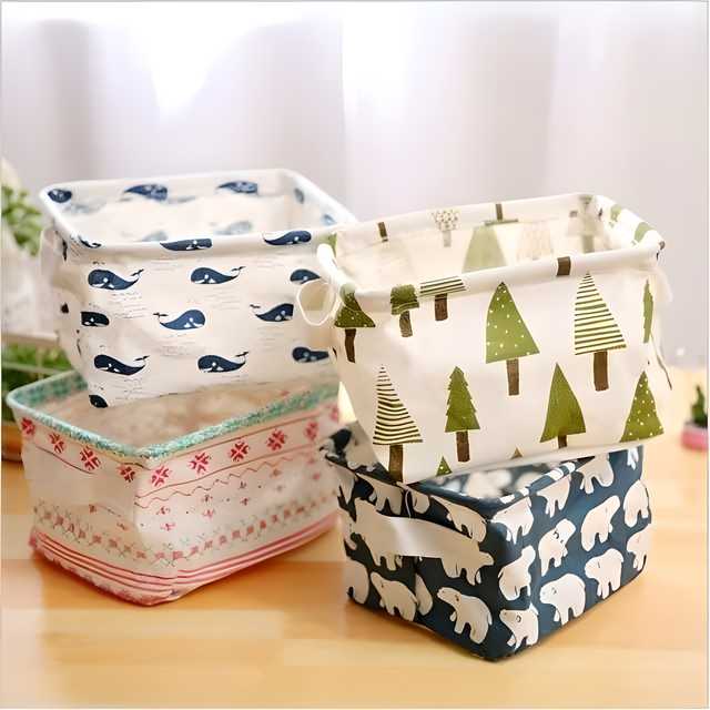 Foldable Multipurpose Storage Box Small || Canvas Fabric Basket with Handle (SET OF - 4)