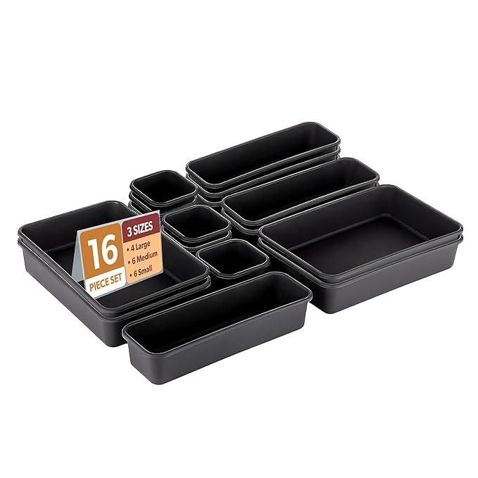 8PCS Interlocking Desk Drawer Organizer Set – Plastic Storage Trays for Office, Kitchen & Bathroom (Black – Pack of 1)