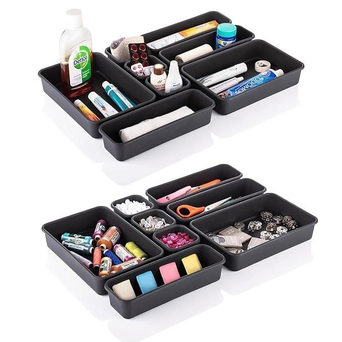 8PCS Interlocking Desk Drawer Organizer Set – Plastic Storage Trays for Office, Kitchen & Bathroom (Black – Pack of 1)