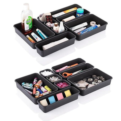 8PCS Interlocking Desk Drawer Organizer Set – Plastic Storage Trays for Office, Kitchen & Bathroom (Black – Pack of 1)