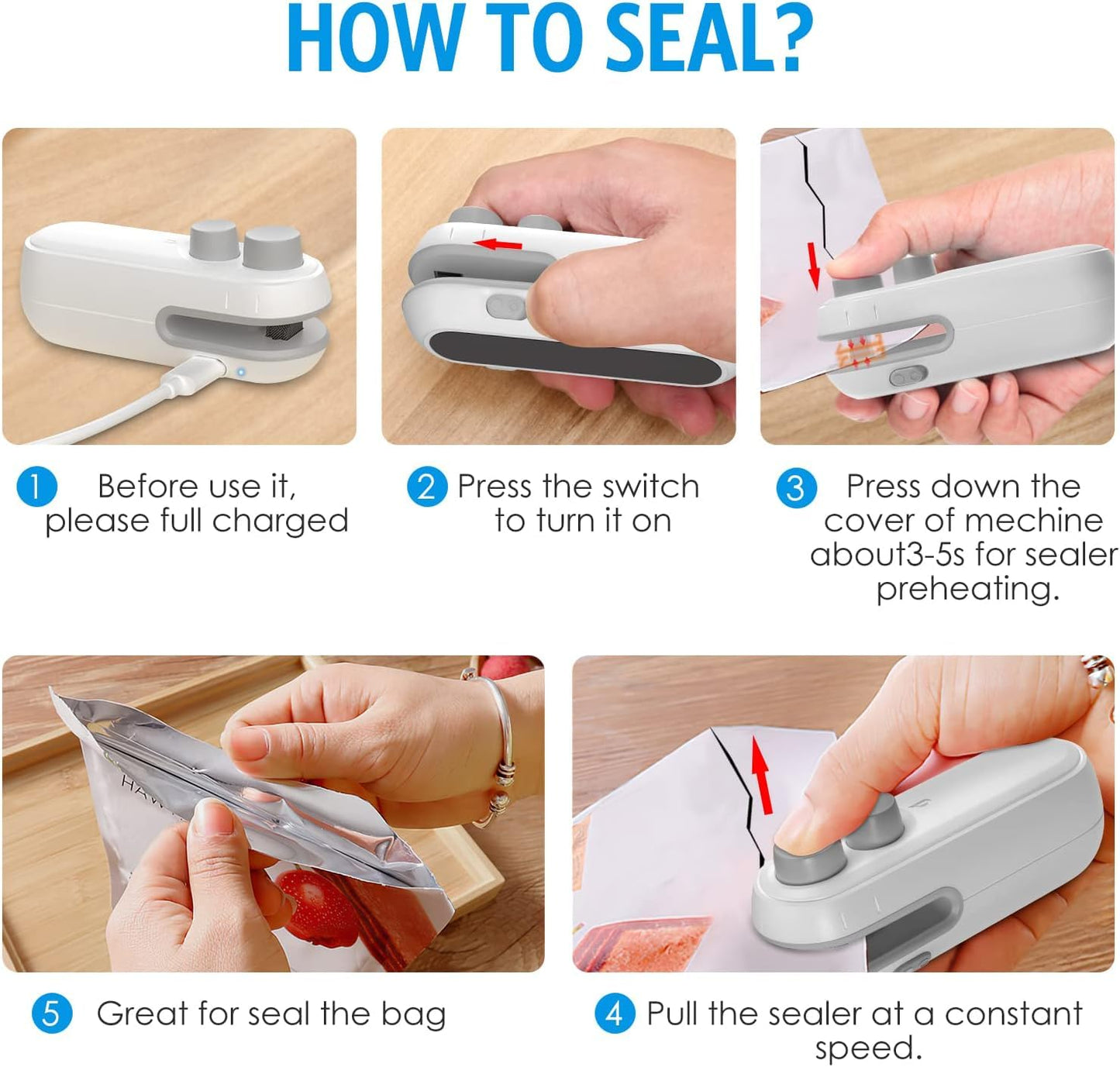 Portable Mini Sealing Machine 2 in 1 USB Rechargeable Magnetic Bag Sealer Heat Seal with Cutter